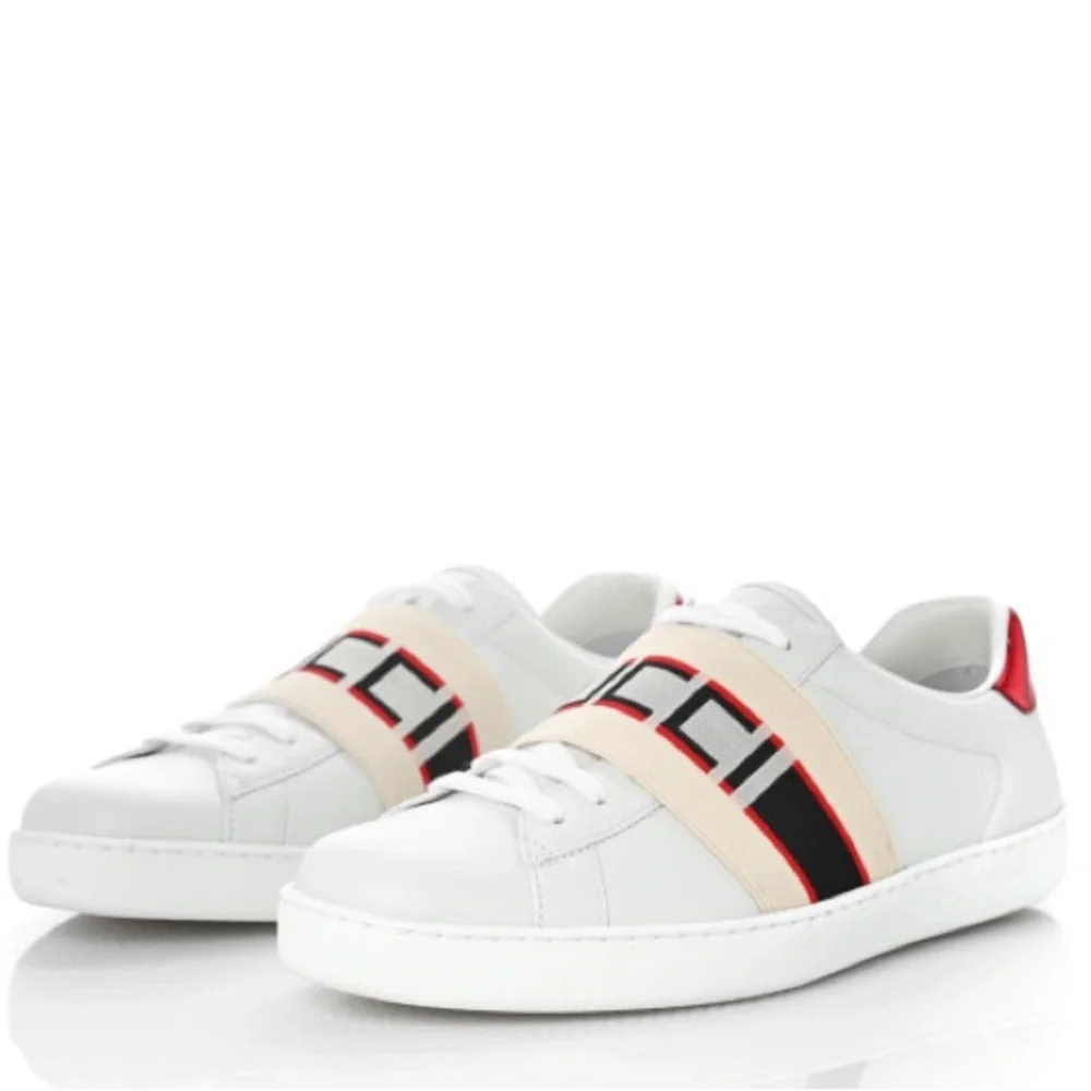 GUCCI Calfskin Stripe Men’s New Ace Sneakers New Mystic White Ecru Red Flame